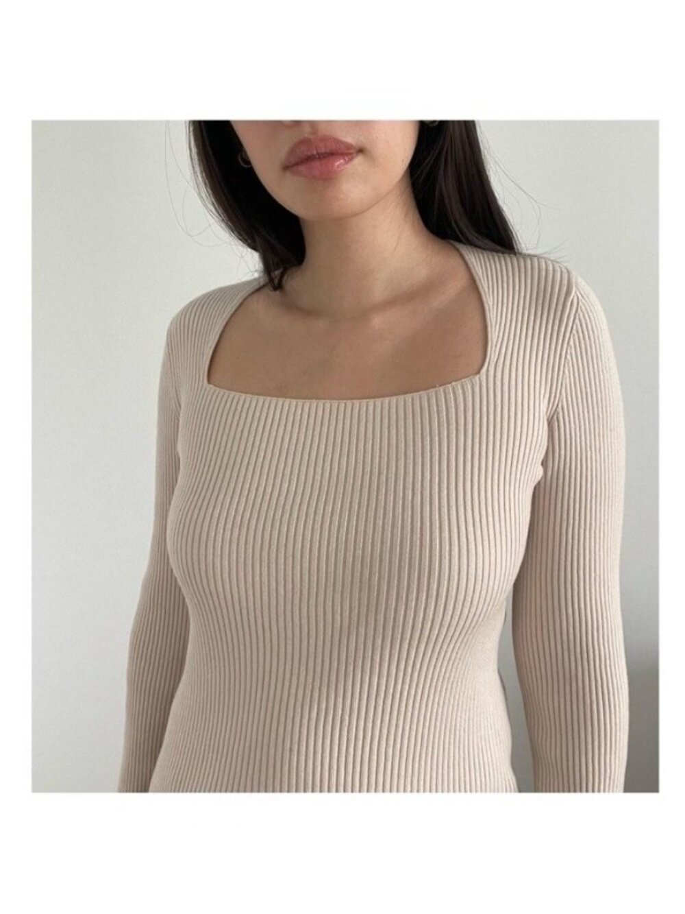 Theory Women's Large Ribbed Sweater Top Square Neckline Beige Cream Wool Blend